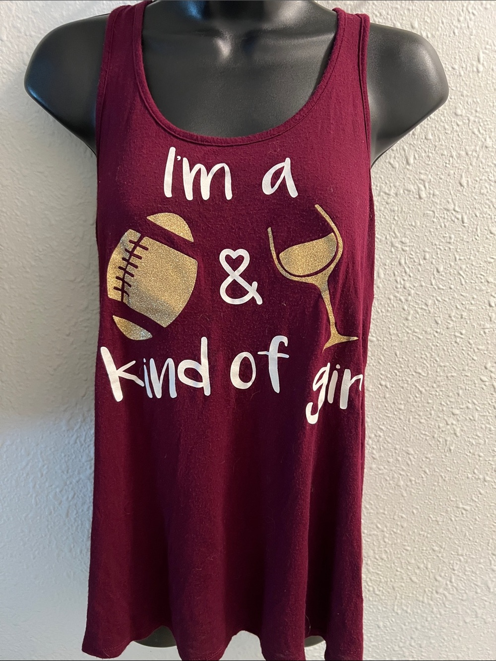 CC Boutique Burgundy Tank with Gold Football & Wine Print